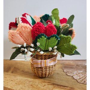 Basket of Heart Flowers Crochet Vintage Handmade